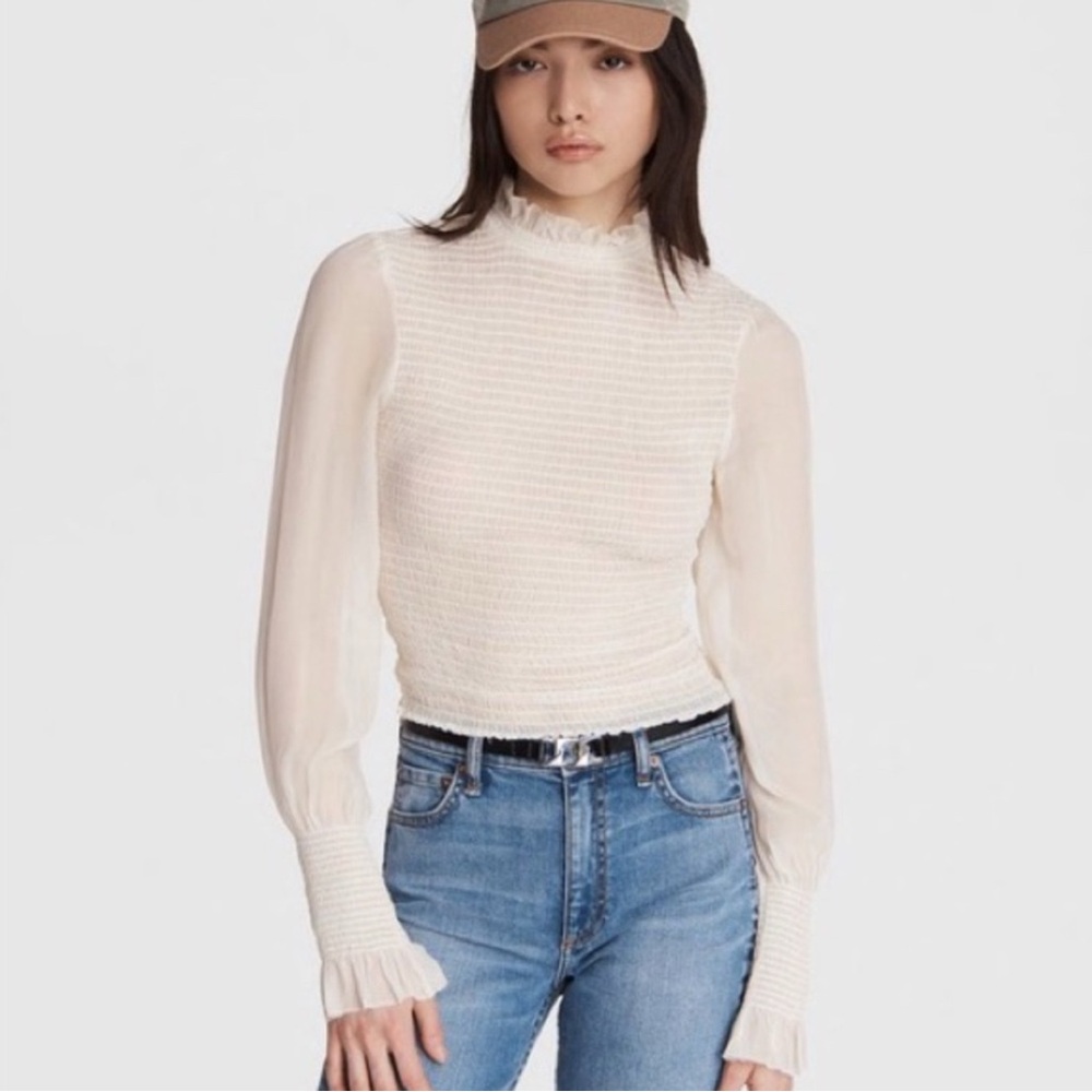 Rag & Bone Kayden long sleeve‎ sheer smocked scrunch mock neck blouse top